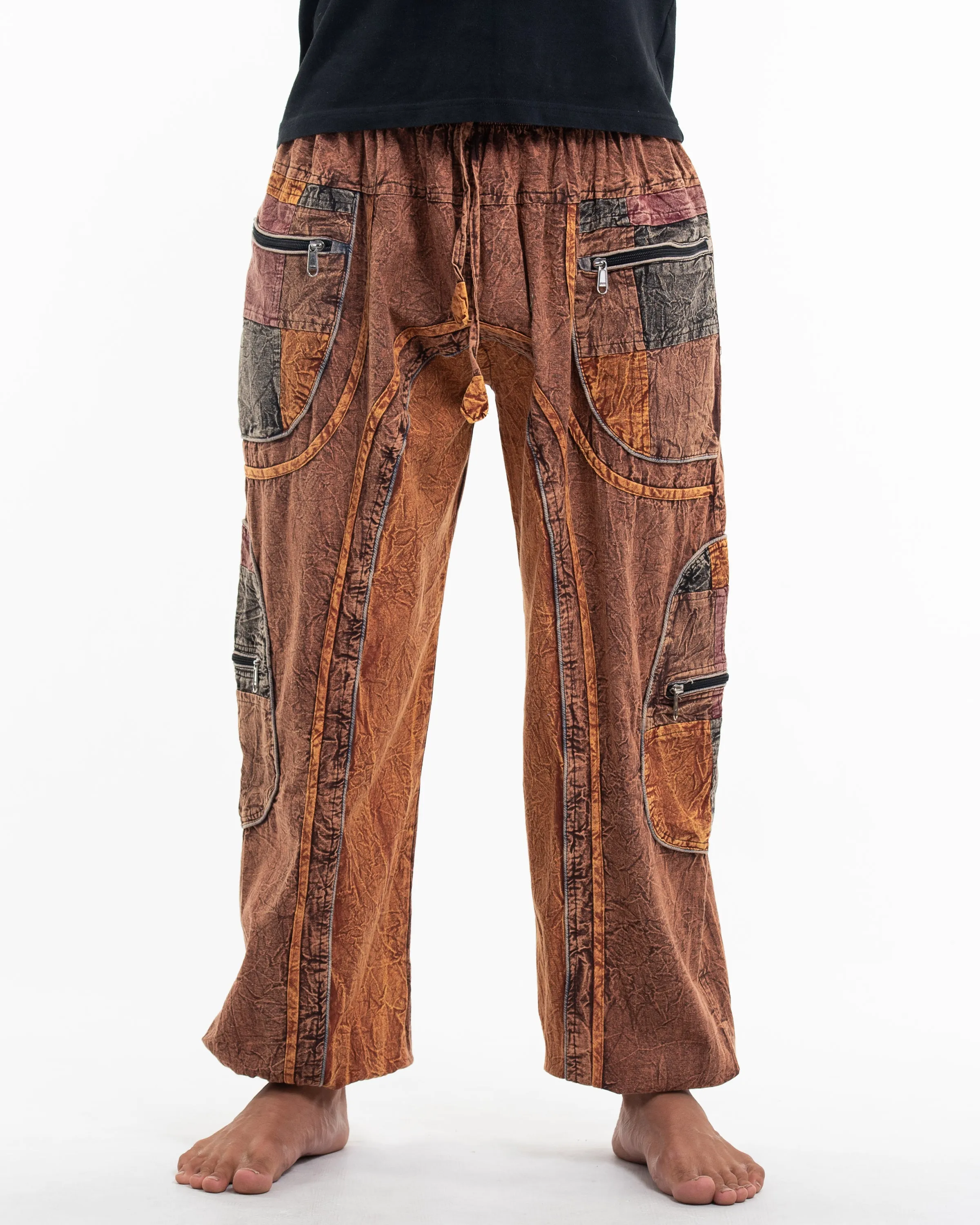 Unisex Patchwork Stone Washed Cargo Cotton Pants in Brown 01