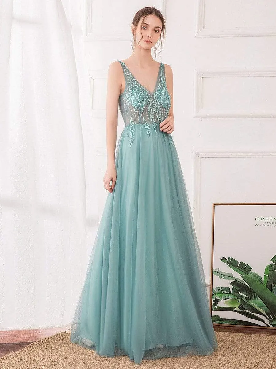 V-Neck See-Though Floor Length Evening Dresses With Rhinestones