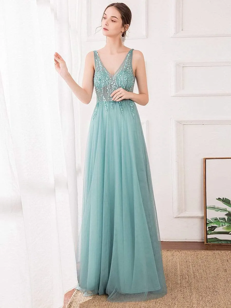 V-Neck See-Though Floor Length Evening Dresses With Rhinestones