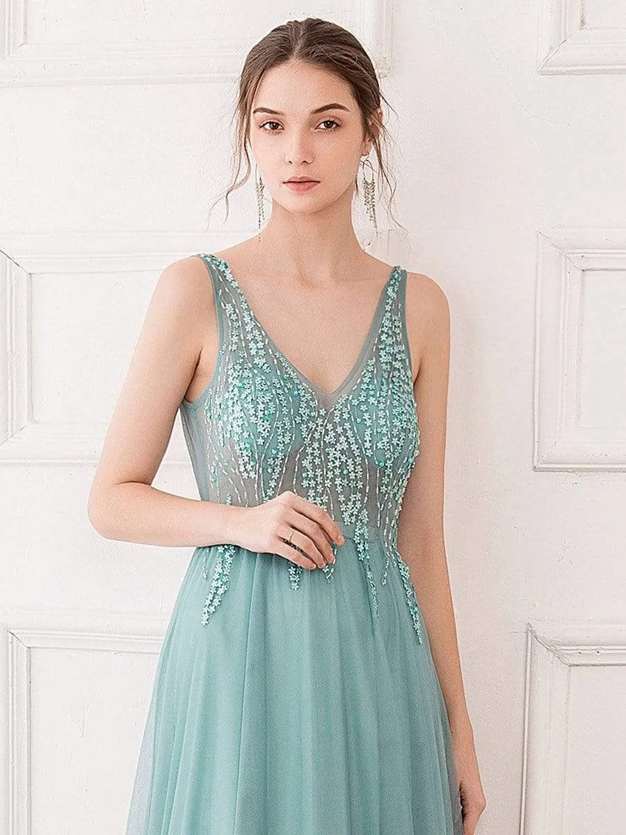 V-Neck See-Though Floor Length Evening Dresses With Rhinestones