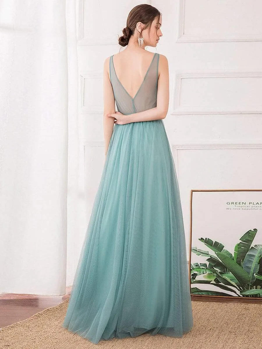 V-Neck See-Though Floor Length Evening Dresses With Rhinestones