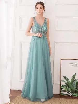 V-Neck See-Though Floor Length Evening Dresses With Rhinestones