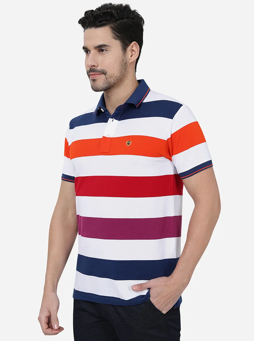 White & Red Striped Slim Fit Polo T-Shirt | JadeBlue