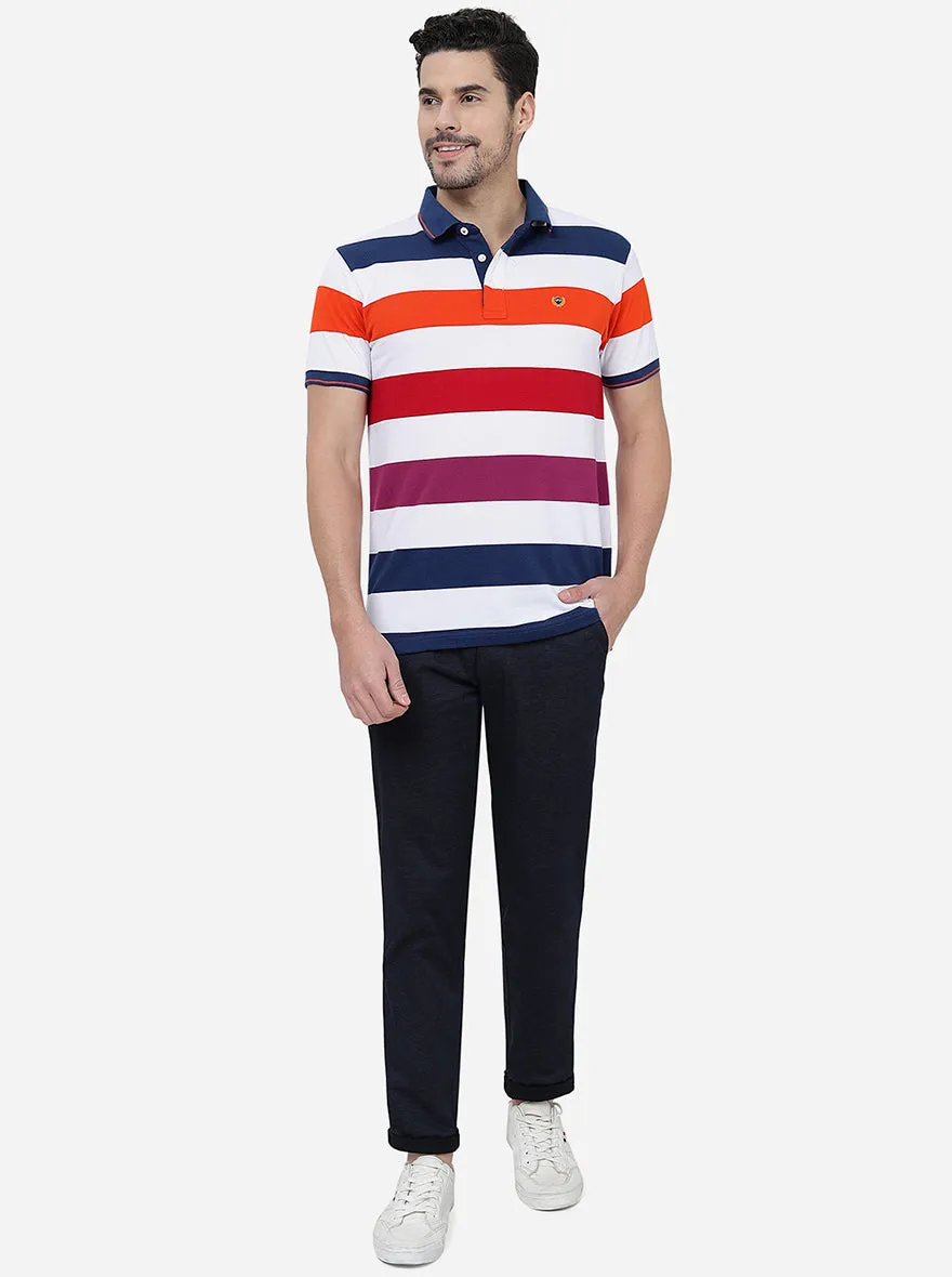 White & Red Striped Slim Fit Polo T-Shirt | JadeBlue