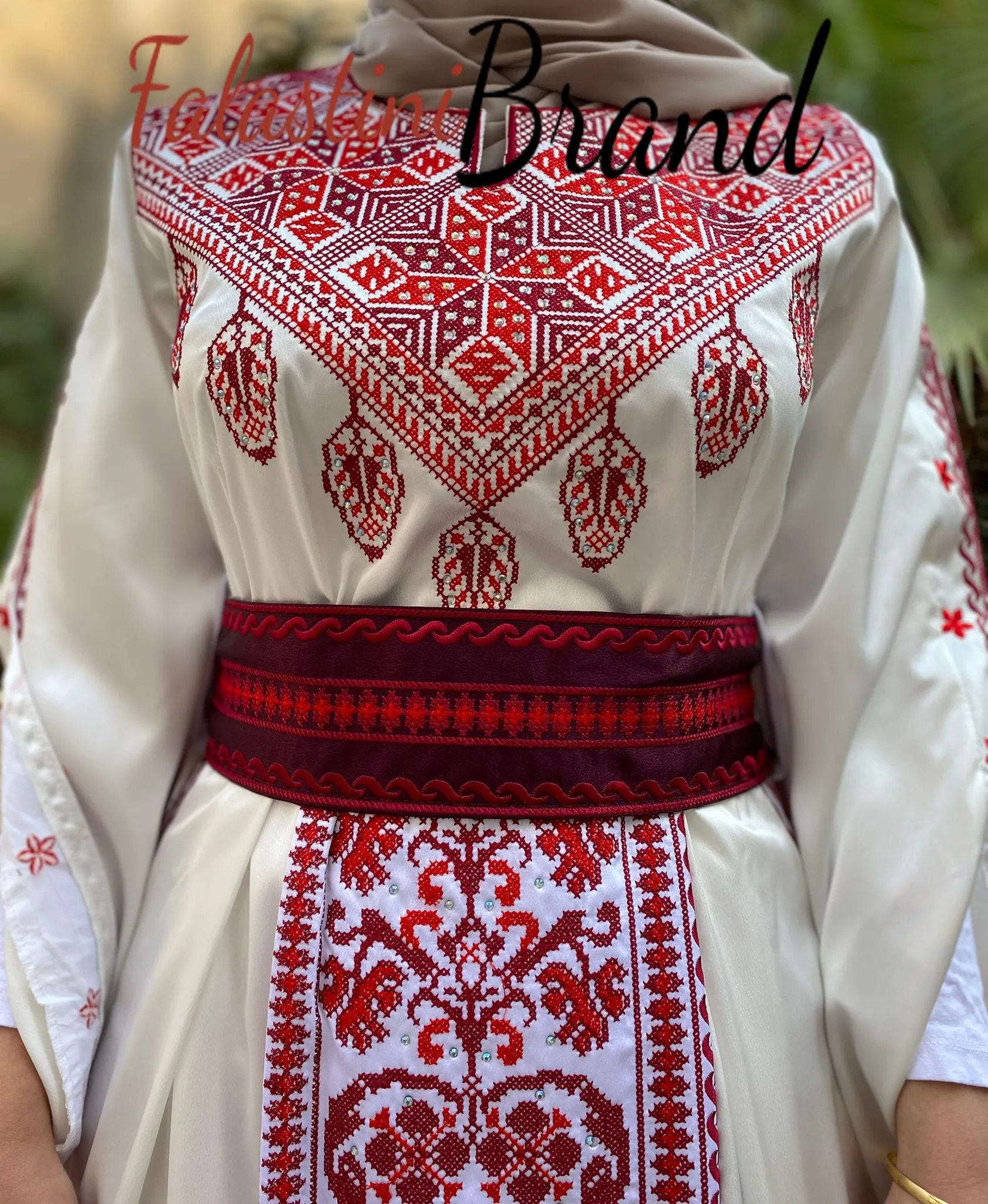 White Satin Flowy Thob Dress With Red Gorgeous Embroidery