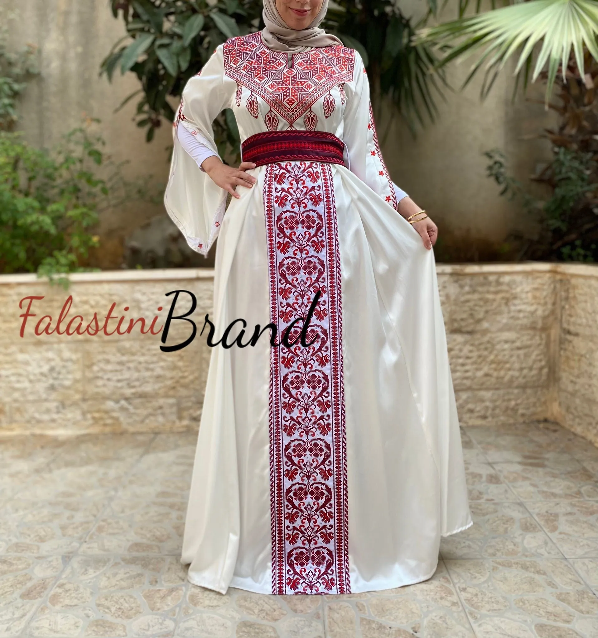 White Satin Flowy Thob Dress With Red Gorgeous Embroidery