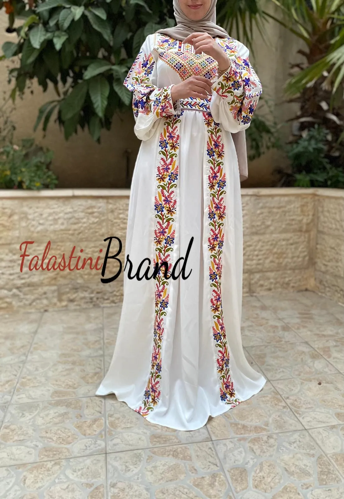 White Satin Flowy Thob Dress With Silver Gorgeous Embroidery