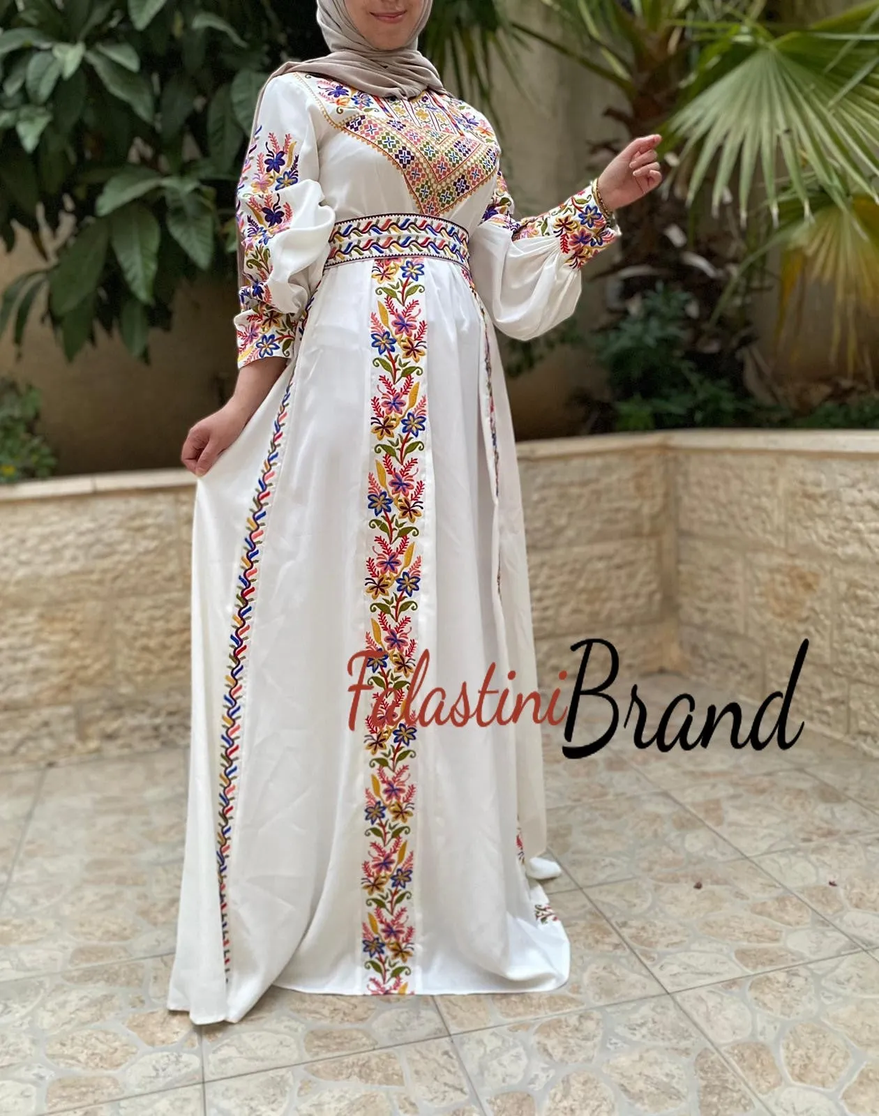 White Satin Flowy Thob Dress With Silver Gorgeous Embroidery