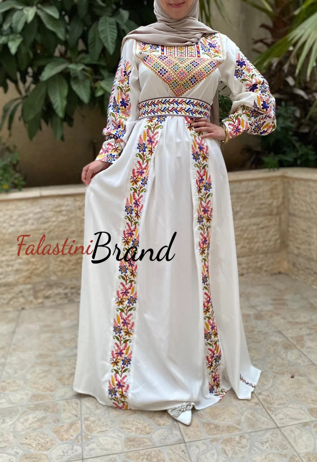 White Satin Flowy Thob Dress With Silver Gorgeous Embroidery