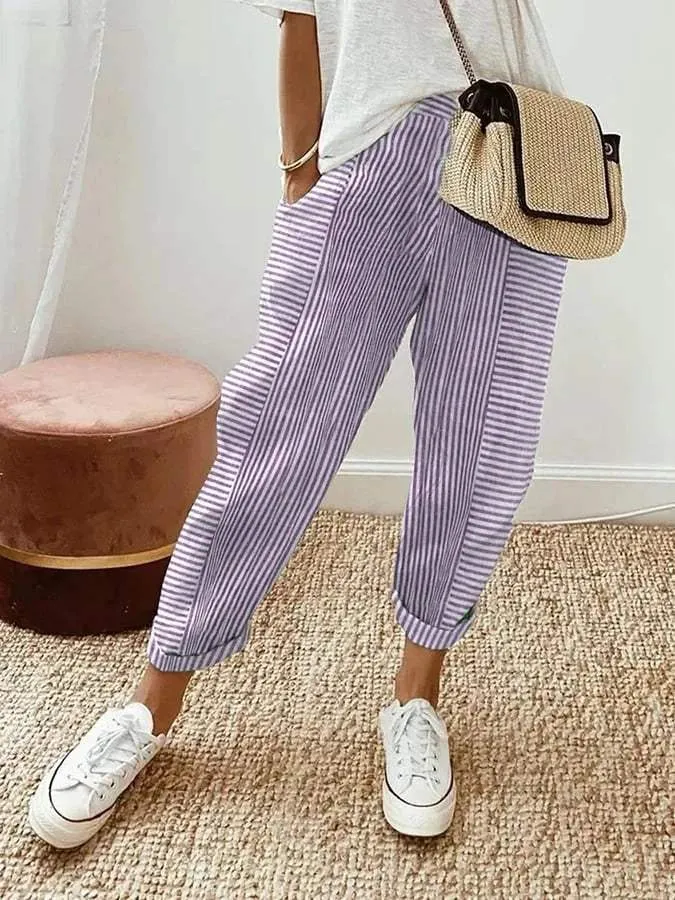 Women's Pants - Playful Striped Pattern - Soft Material - Perfect for Warm Days