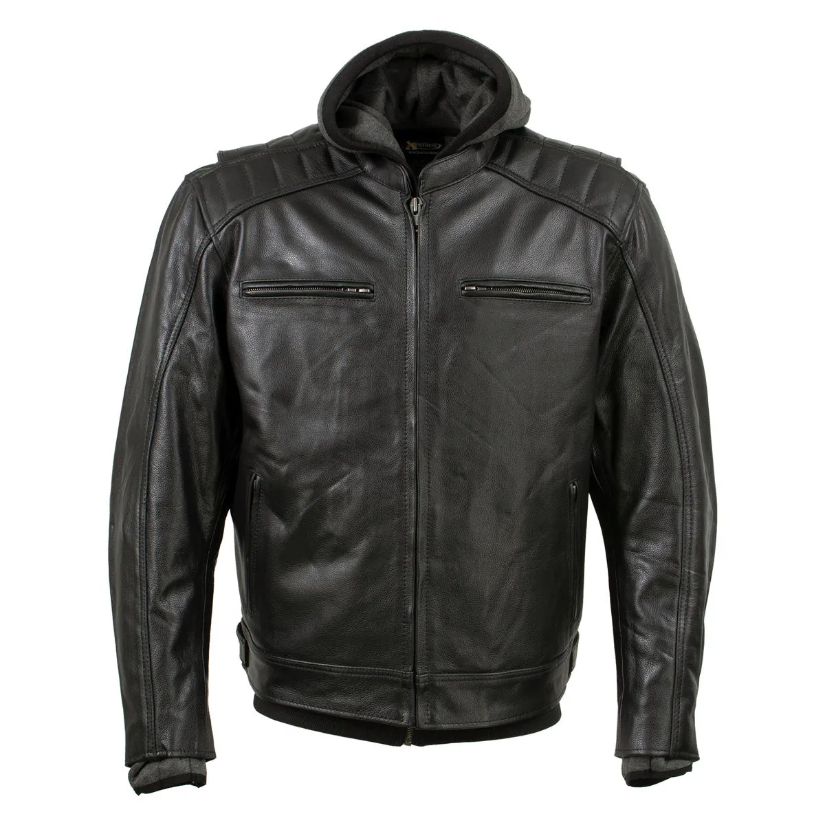 Xelement BXU573 Men's Black 'Alibi' Armored Leather Motorcycle Jacket with Skull Embroidery and Hoodie