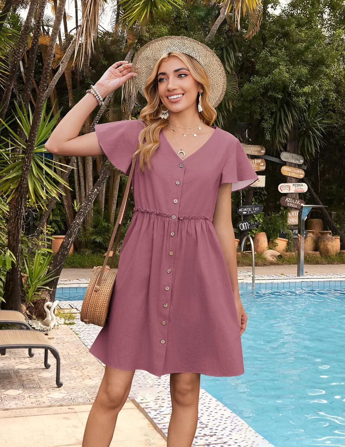 Zeagoo Button Down Flutter Sleeve Cotton Linen Dress with Pockets