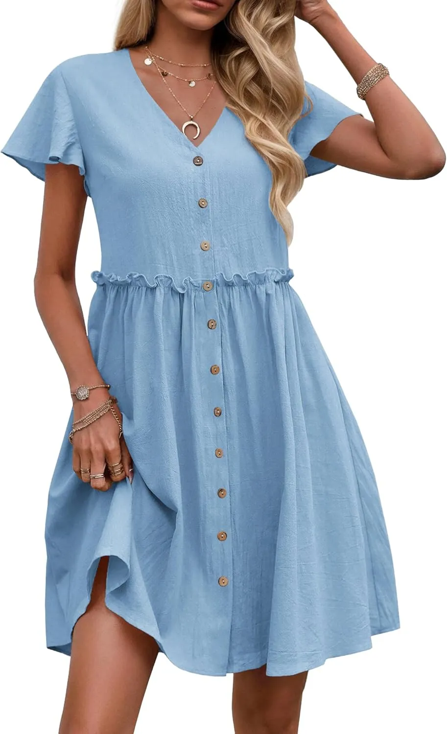 Zeagoo Button Down Flutter Sleeve Cotton Linen Dress with Pockets