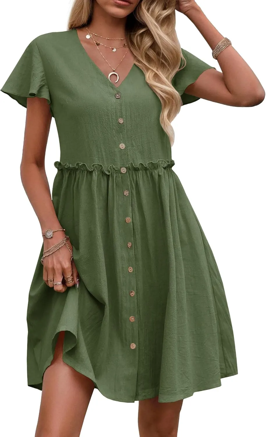 Zeagoo Button Down Flutter Sleeve Cotton Linen Dress with Pockets