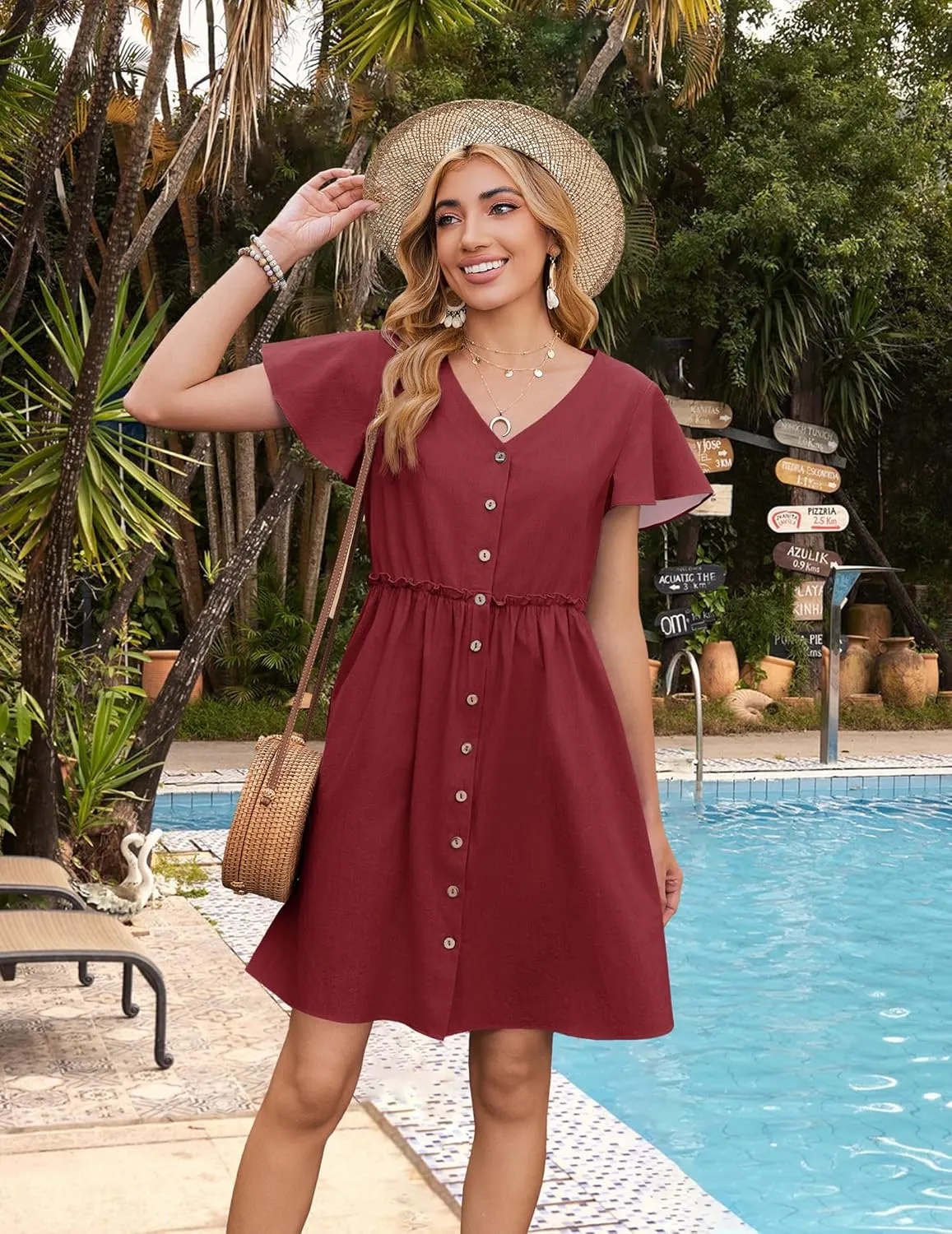 Zeagoo Button Down Flutter Sleeve Cotton Linen Dress with Pockets