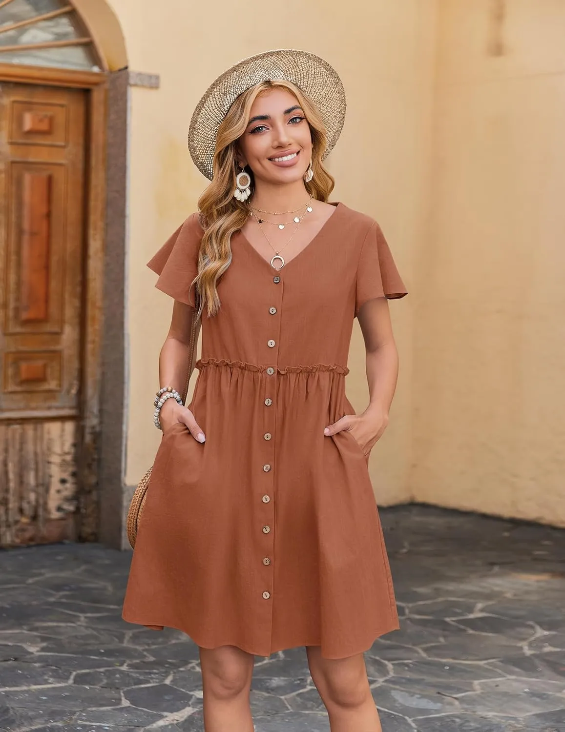 Zeagoo Button Down Flutter Sleeve Cotton Linen Dress with Pockets