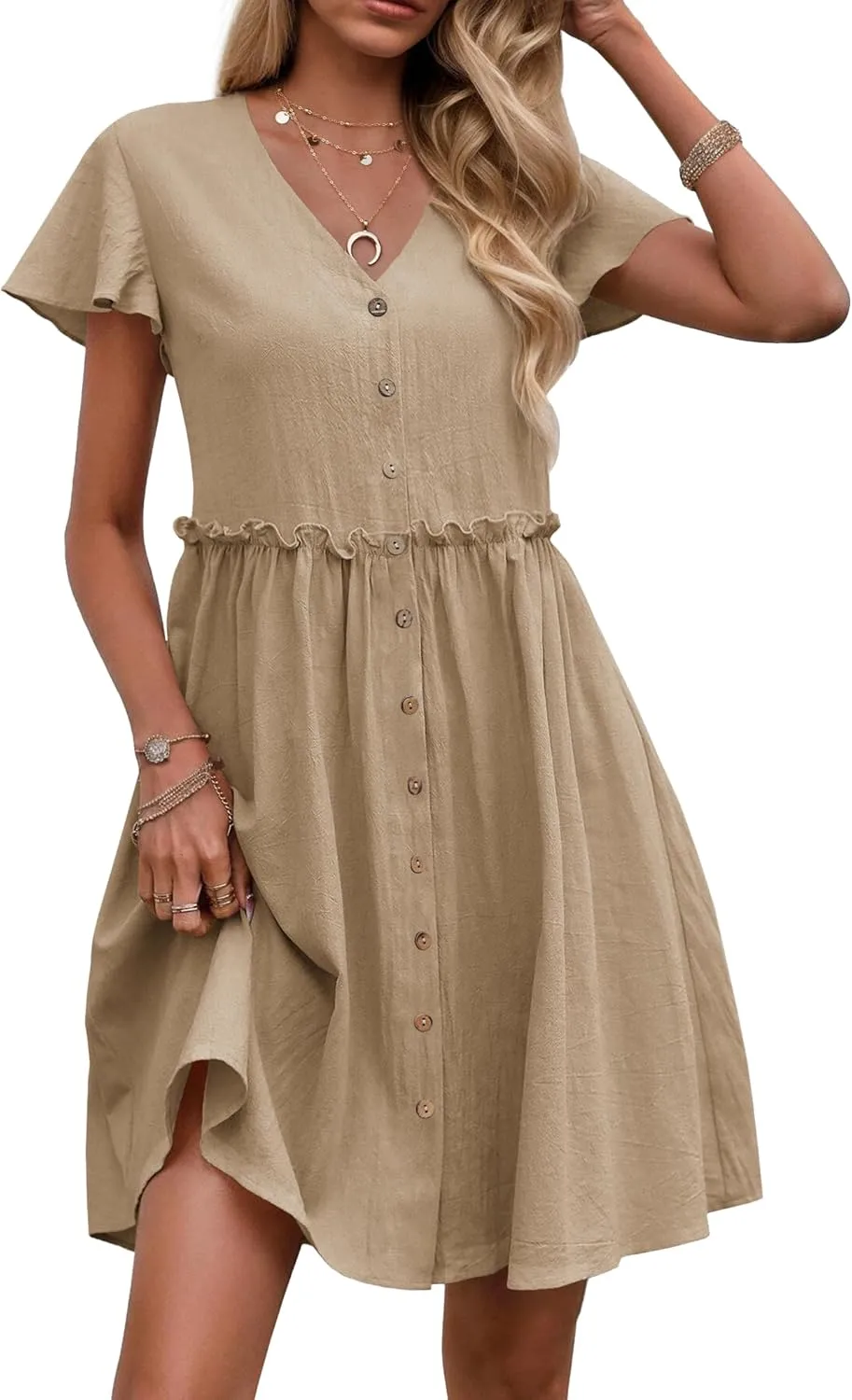 Zeagoo Button Down Flutter Sleeve Cotton Linen Dress with Pockets