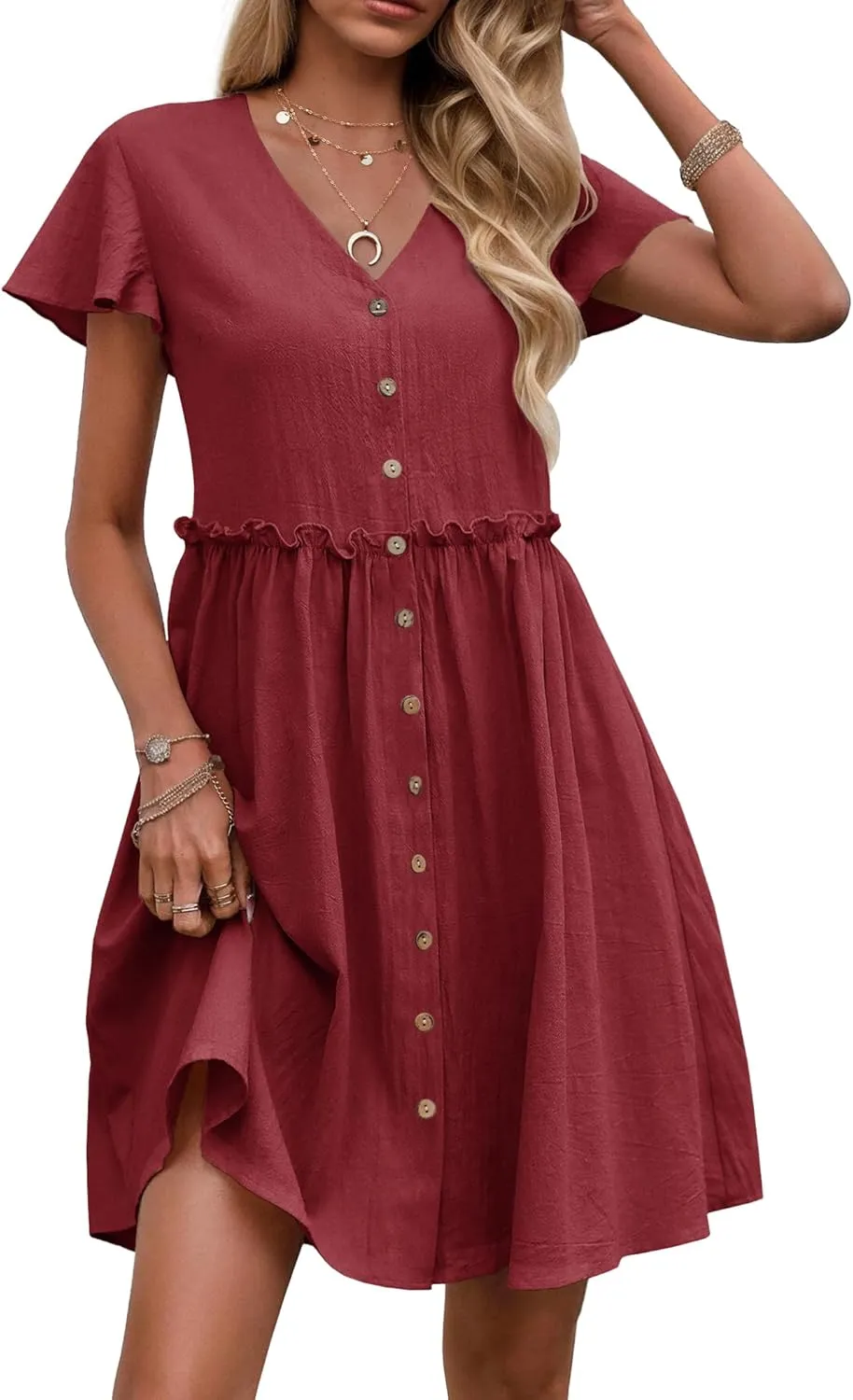 Zeagoo Button Down Flutter Sleeve Cotton Linen Dress with Pockets